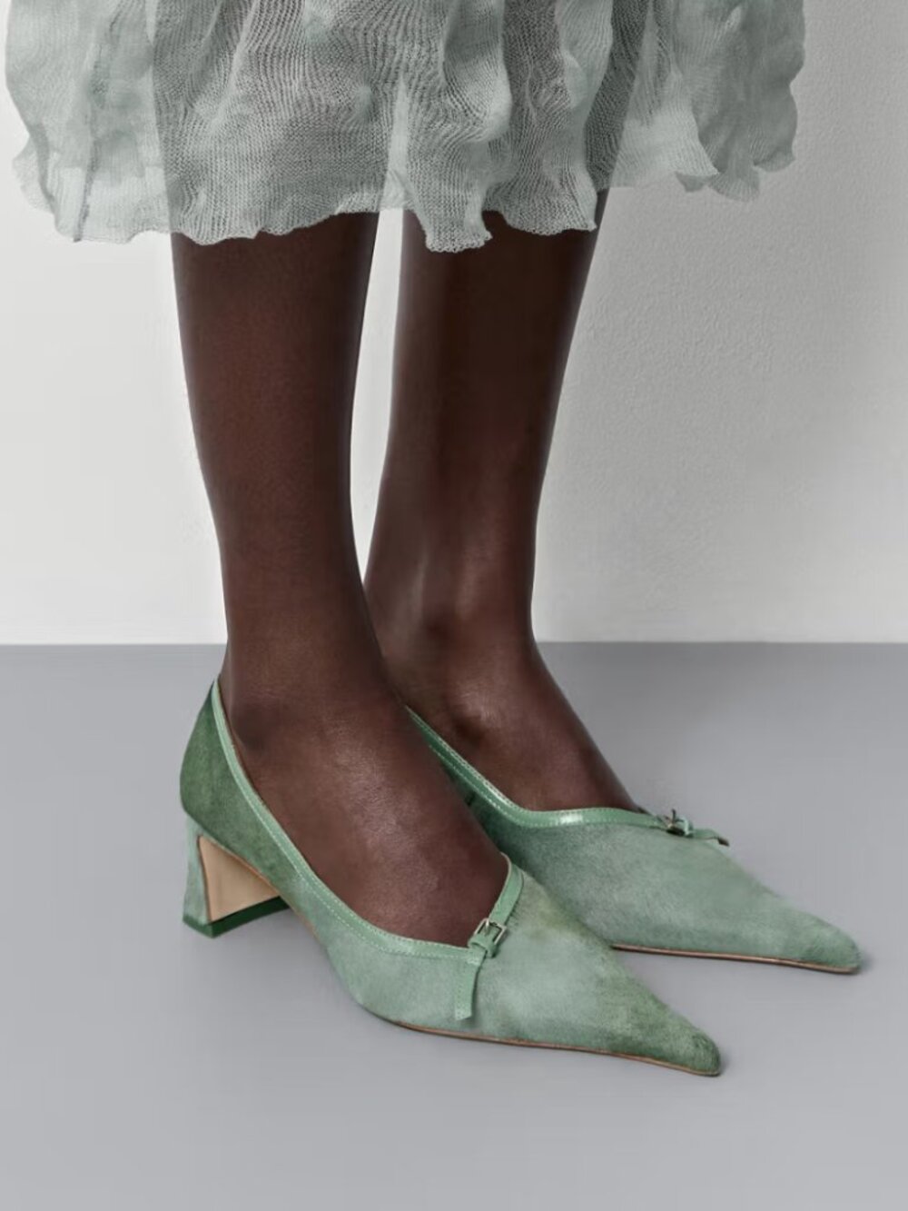 Miista Sage Green Suede Pointed Toe Mid-Heel Pumps